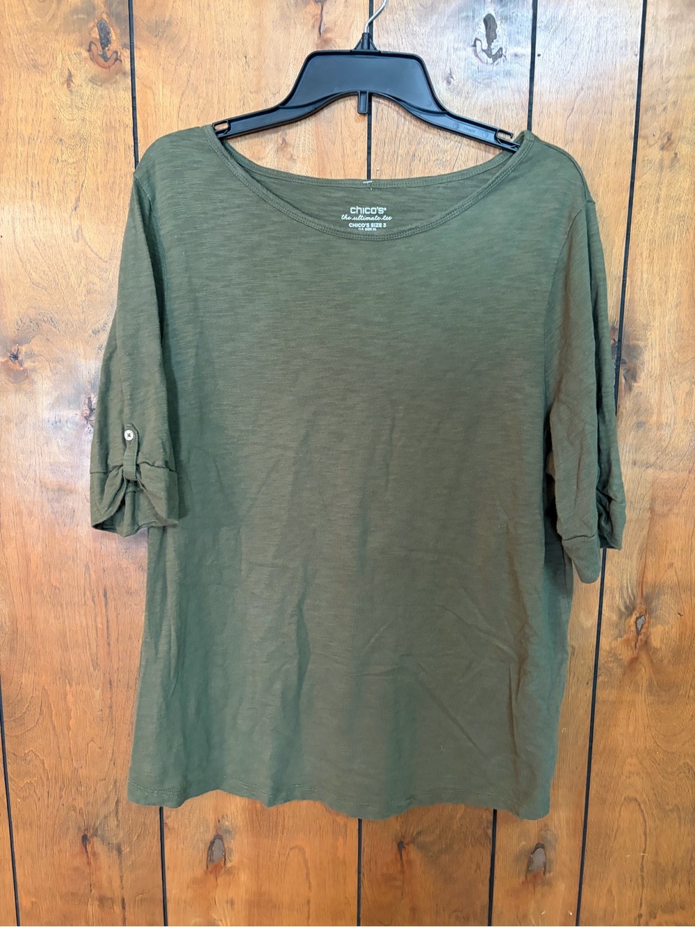 Chico's Olive Roll-Tab Short Sleeve Tee